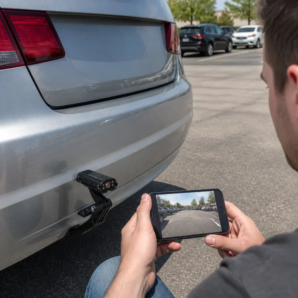 Wireless backup camera mounted on vehicle with smartphone displaying live night vision feed from camera.