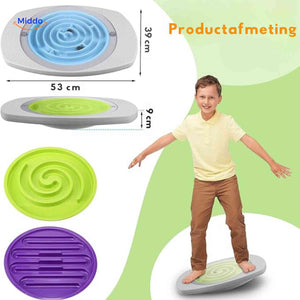 Product sizing guide showing balance board with replaceable maze disc system