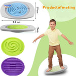 Product sizing guide showing balance board with replaceable maze disc system