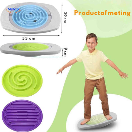 Product sizing guide showing balance board with replaceable maze disc system