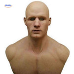 Realistic bald old man latex mask with smooth head and aged features.