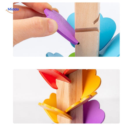 Close-up showing how to insert colorful leaves into wooden frame.