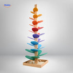 Wooden ball run tree built with green and blue color leaf choices.