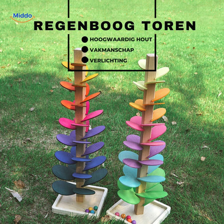 Ball run tree with two rainbow tower color options side by side.