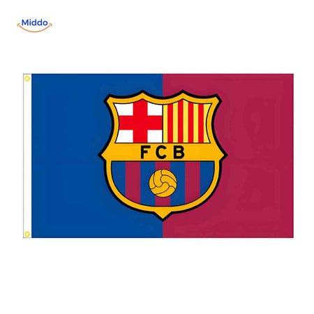 Barcelona club flag with vibrant logo design for dedicated football fans.