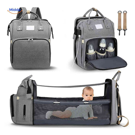 Diaper backpack with foldable bassinet and dedicated bottle compartments.