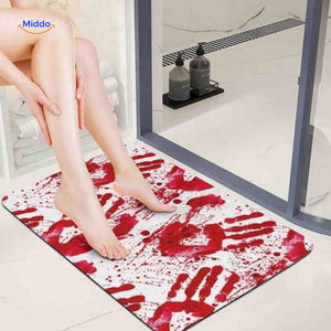 Bath mat with realistic bloody handprints for Halloween decoration.