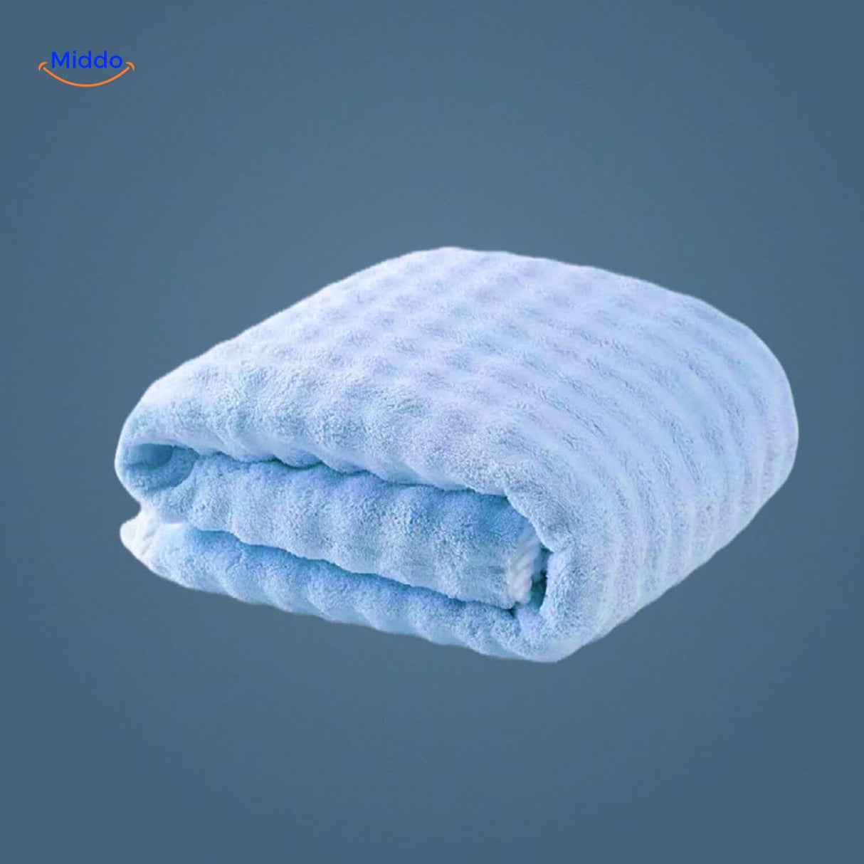 Light blue waffle-textured bath towel for spa-like comfort.