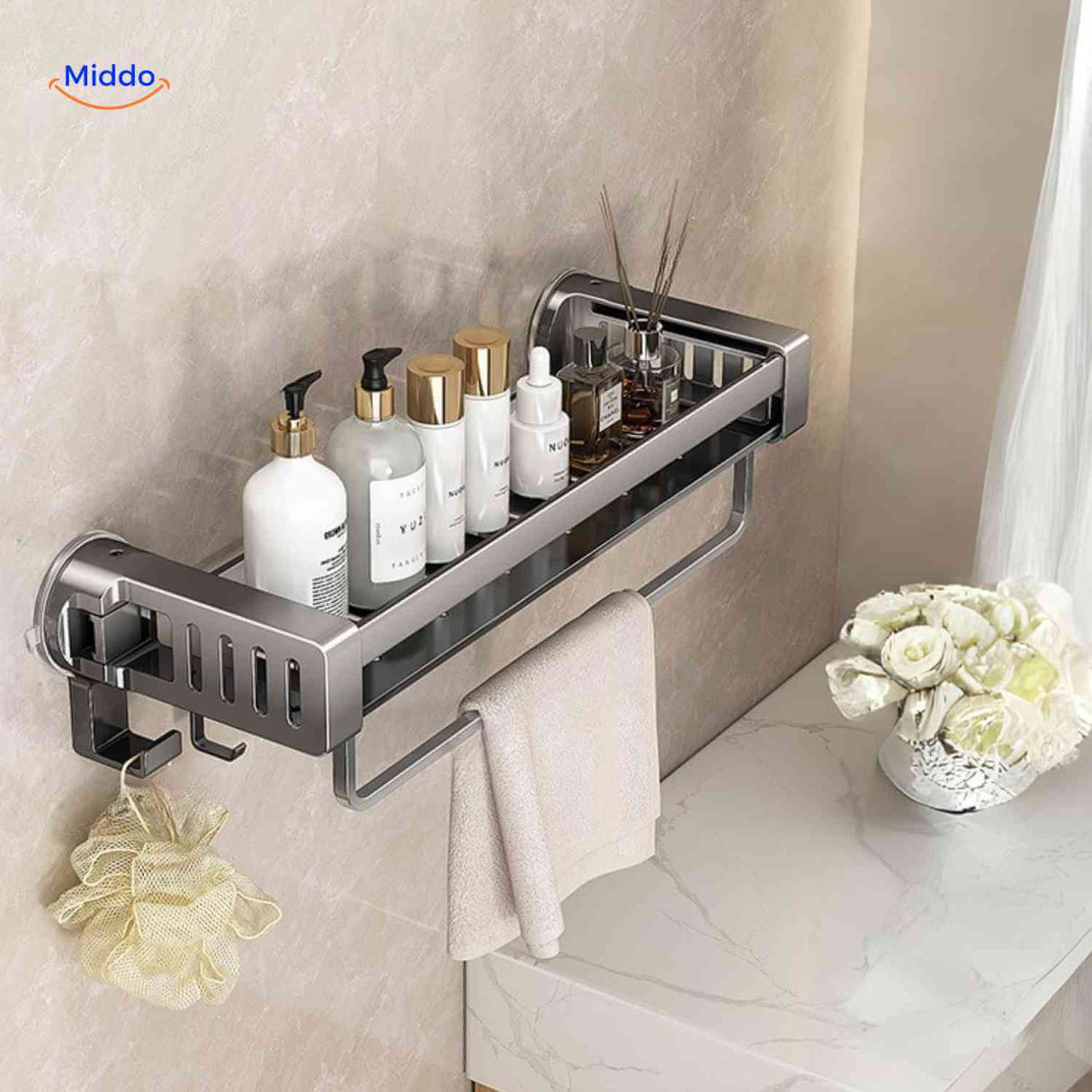 No-drill wall shelf with towel holder and bottle storage space.