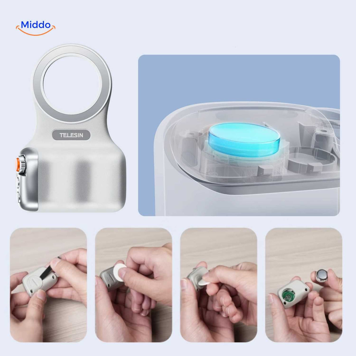 Battery compartment with LED charging indicator light.