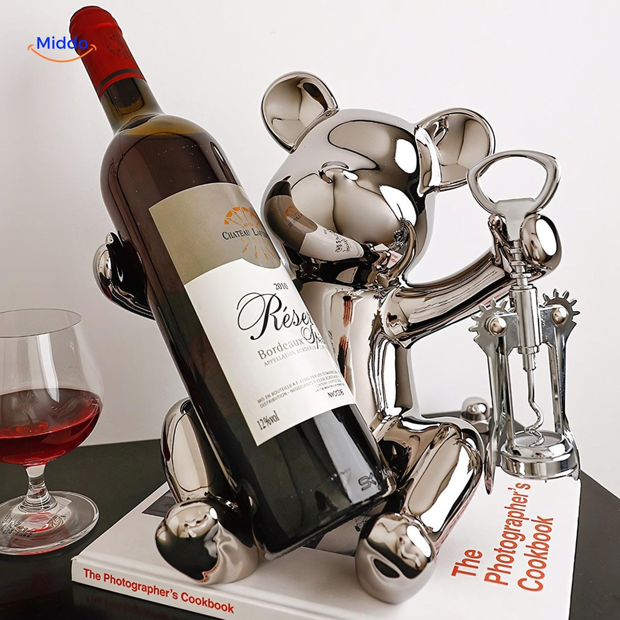 Playful wooden bear wine bottle holder ready to uncork a bottle, perfect for home bar or gifting.