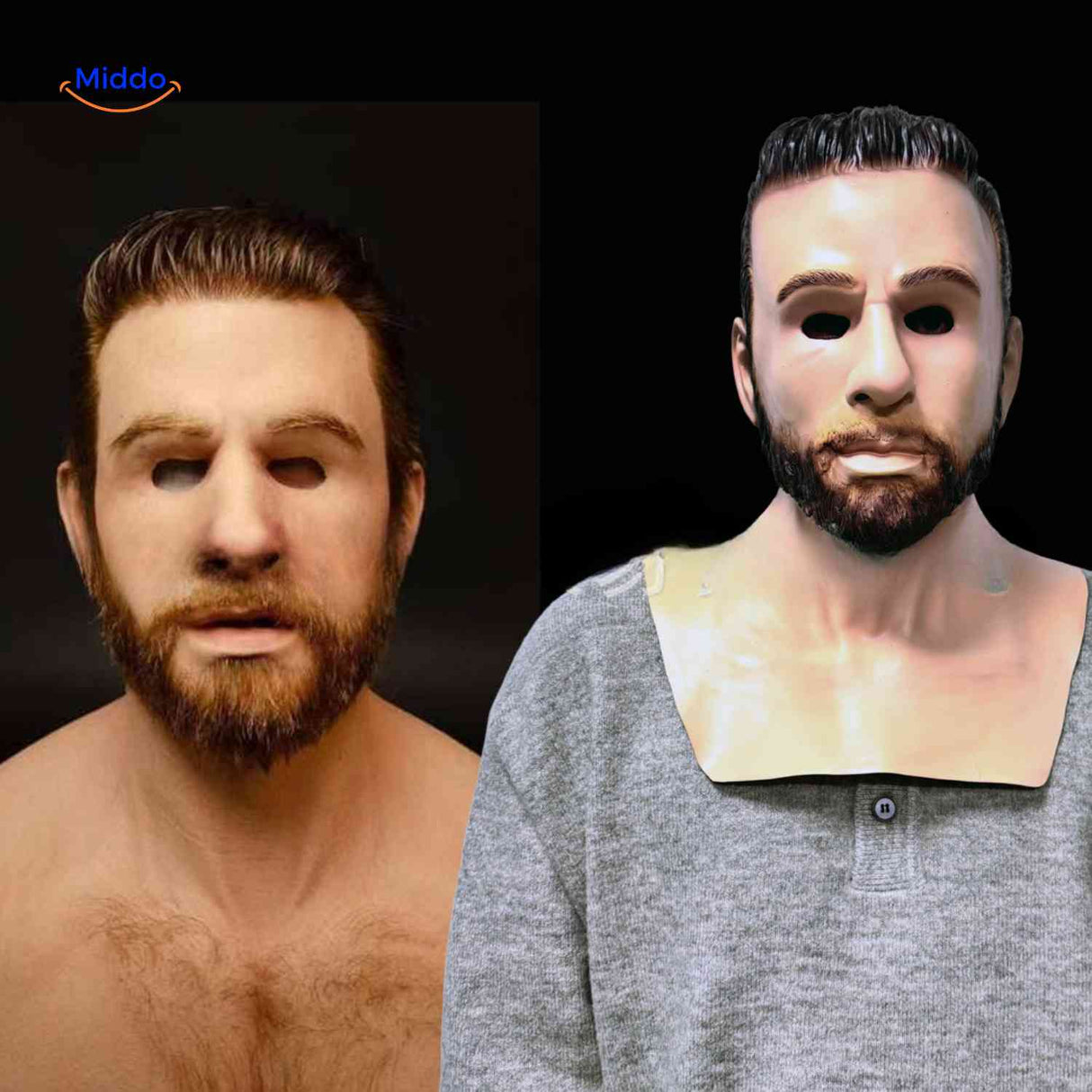 Realistic old man mask with full dark beard and authentic facial texture.