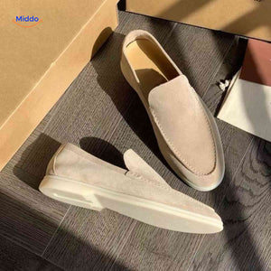 Beige suede Beckwin loafers with cream-colored sole.