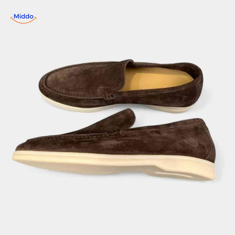 Espresso brown suede Beckwin loafers with light sole.