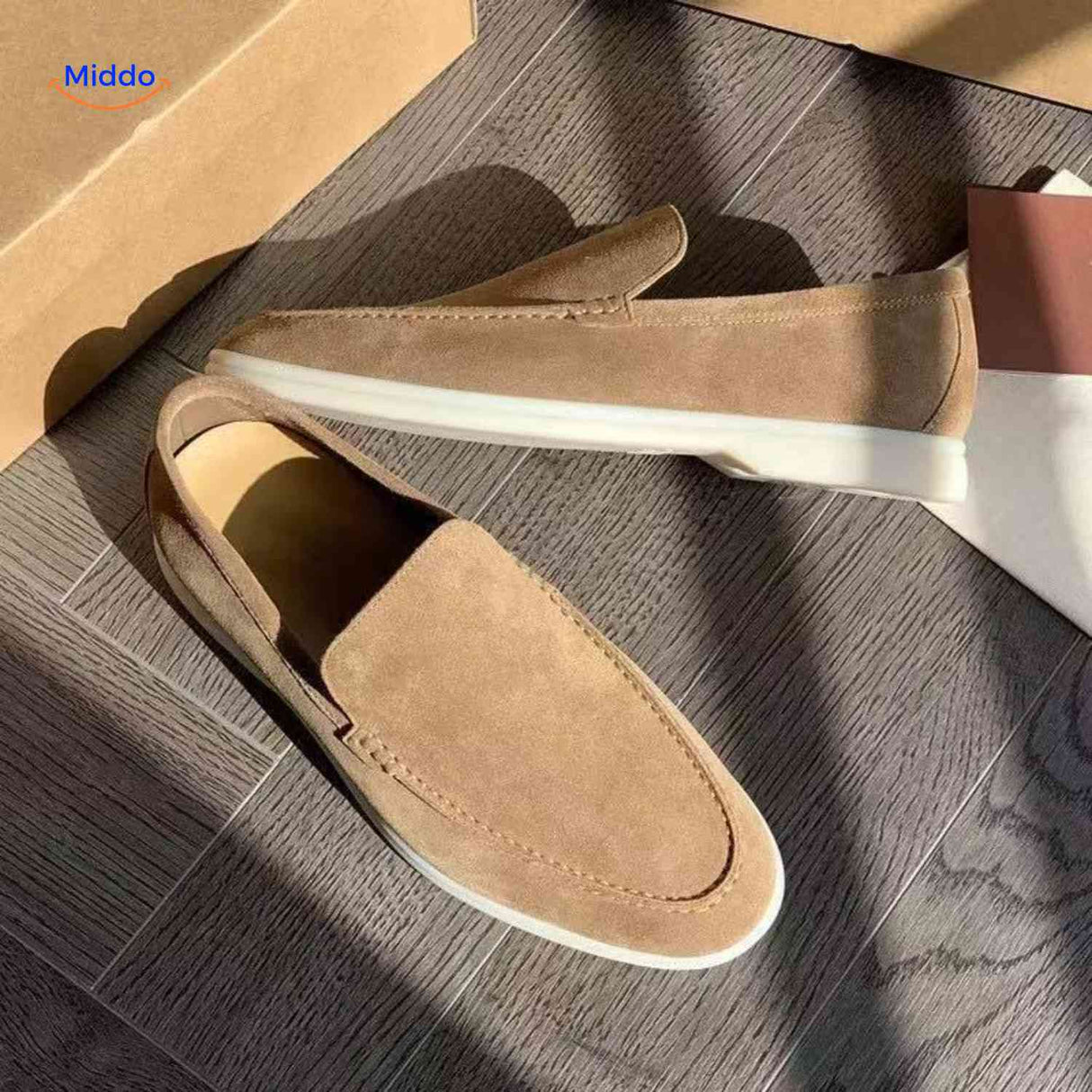 Sand suede Beckwin loafers slip-on with comfort sole.