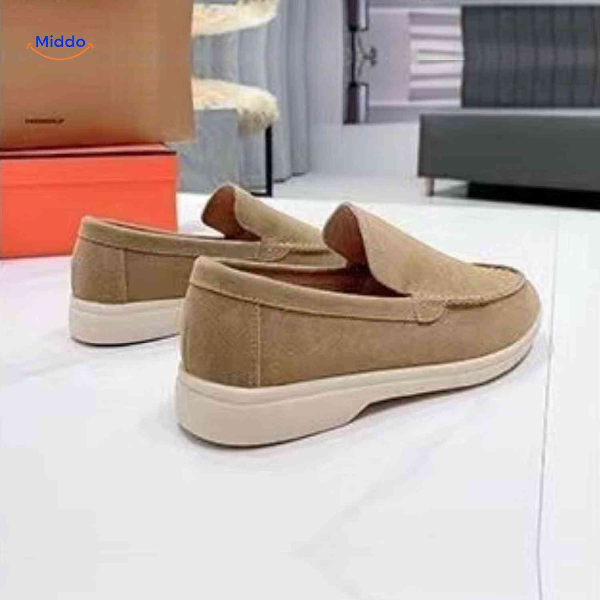 Sand suede Beckwin loafers with cream walking sole.