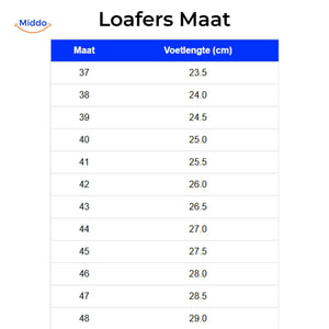 Beckwin loafers size chart with EU shoe sizes and foot length.