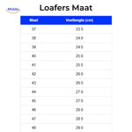 Beckwin loafers size chart with EU shoe sizes and foot length.