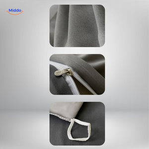 Close-up of grey fabric zipper and attachment loop details