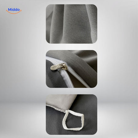 Close-up of grey fabric zipper and attachment loop details