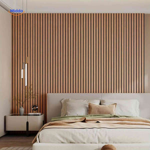 3D wood slat panels used as a full-height headboard accent wall in a bedroom.