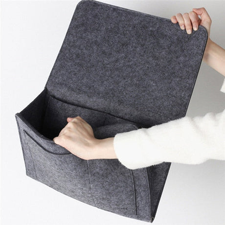 BedCaddy felt bedside table organizer with anti-slip technology in gray.