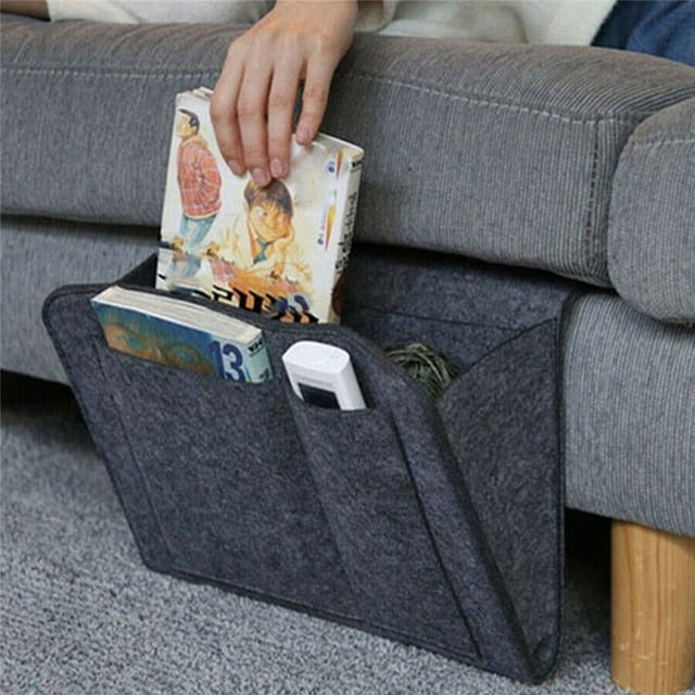 BedCaddy couch-side felt organizer with anti-slip protection in gray.