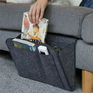 BedCaddy couch-side felt organizer with anti-slip protection in gray.
