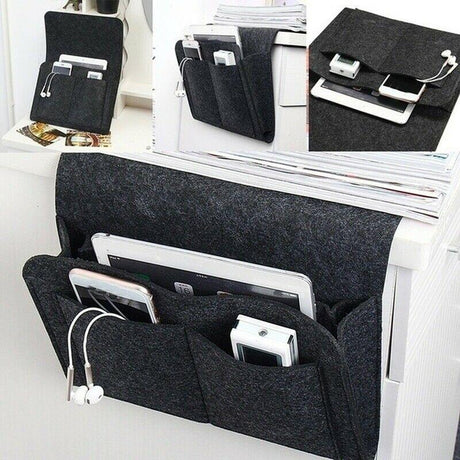 BedCaddy keeping essential items accessible by the bed in black felt.