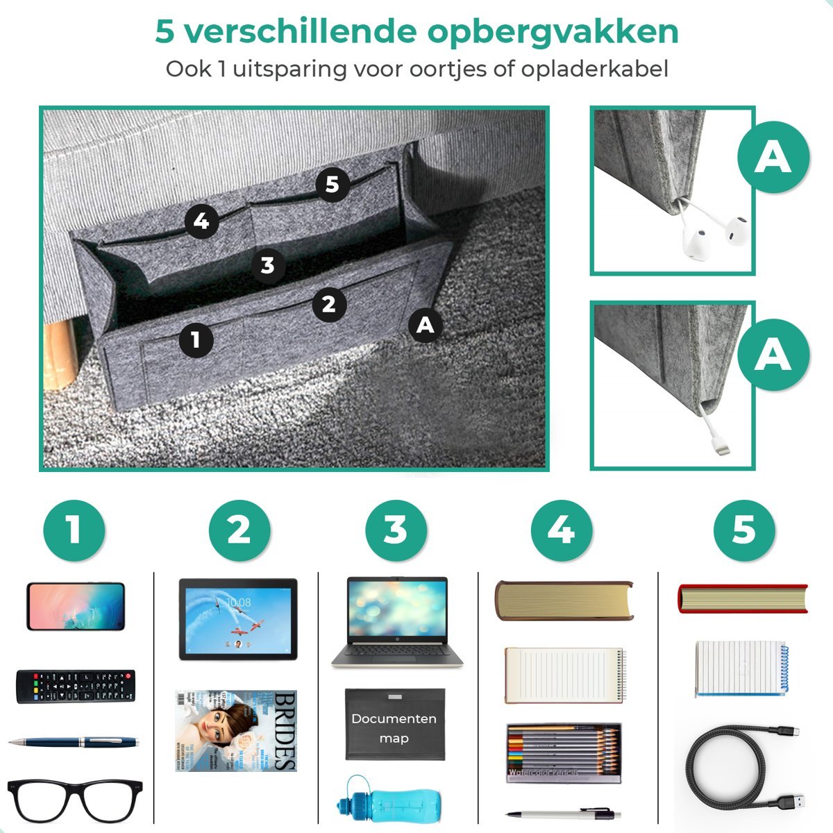 BedCaddy bedside organizer displaying light gray premium felt construction.