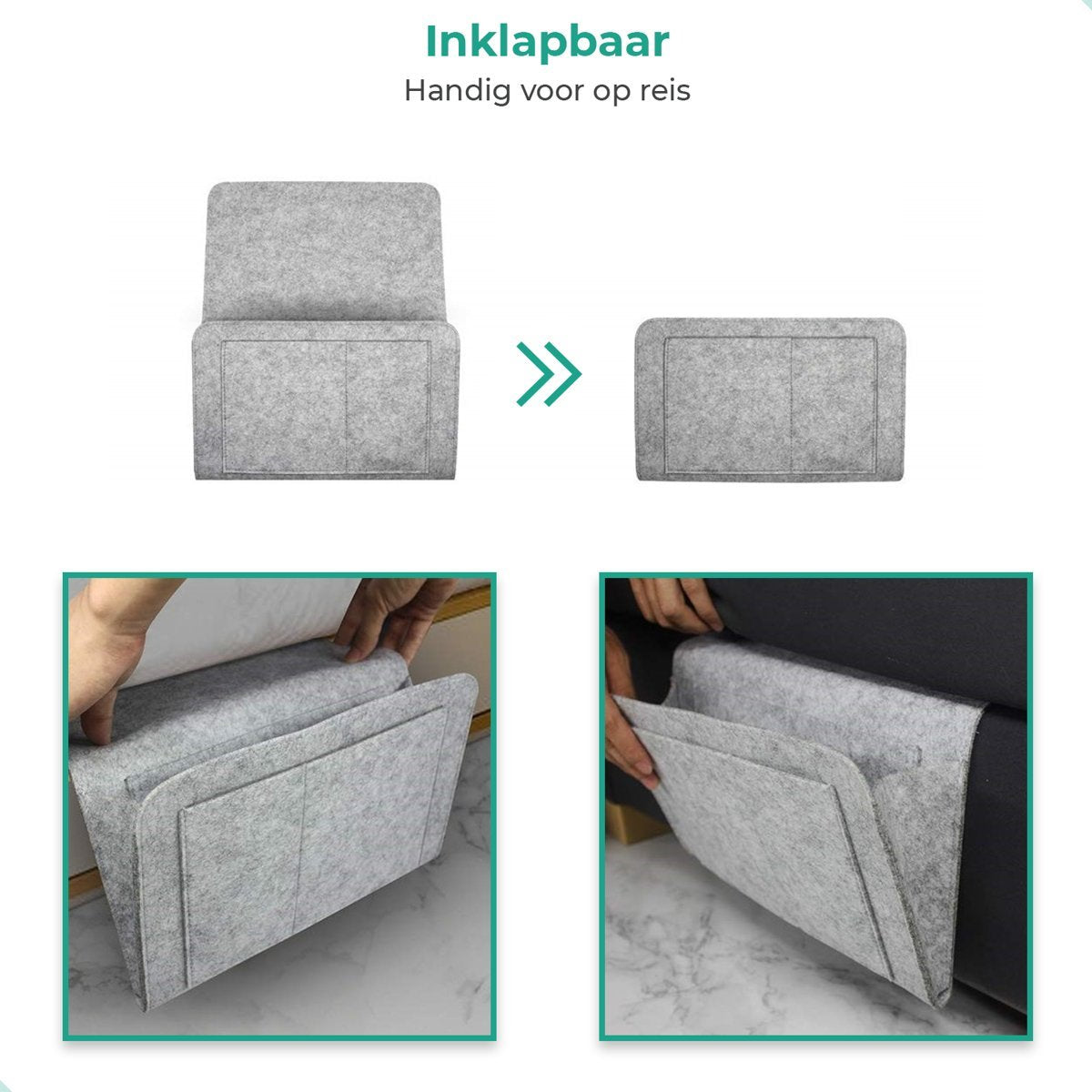 BedCaddy light gray felt bedside organizer for mattress or furniture storage.