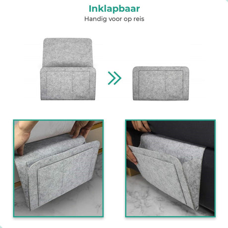 BedCaddy light gray felt bedside organizer for mattress or furniture storage.