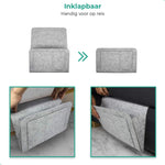 BedCaddy light gray felt bedside organizer for mattress or furniture storage.