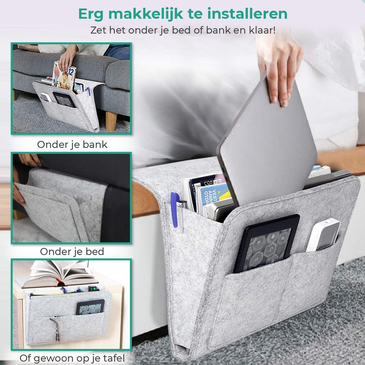 BedCaddy bedside storage organizer in soft light gray felt material.