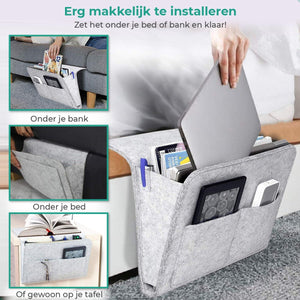 BedCaddy bedside storage organizer in soft light gray felt material.