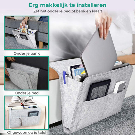 BedCaddy bedside storage organizer in soft light gray felt material.