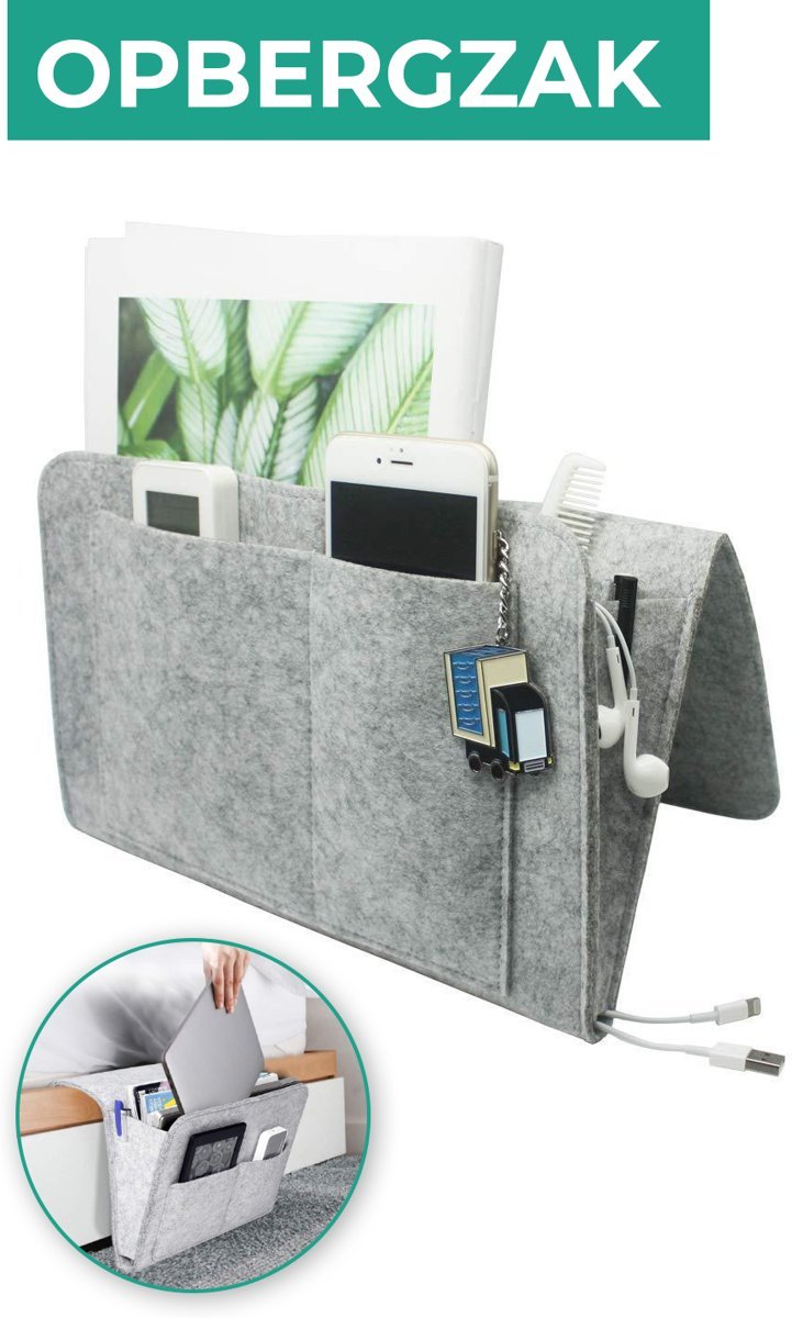 BedCaddy light gray felt pocket organizer for bedside table storage essentials.