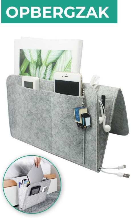 BedCaddy light gray felt pocket organizer for bedside table storage essentials.