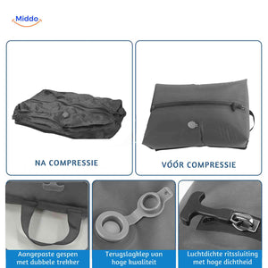 Vacubag before and after compression comparison showing compact storage with handle.