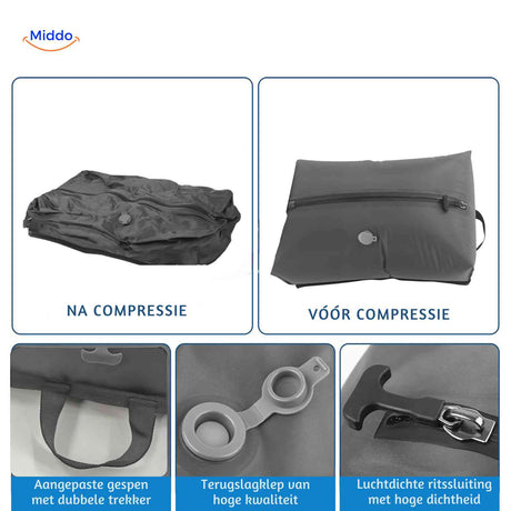 Vacubag before and after compression comparison showing compact storage with handle.