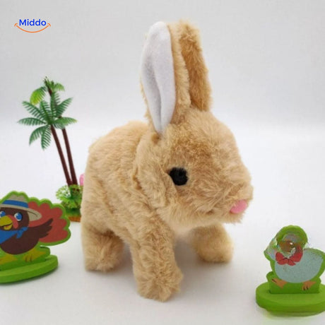 Beige plush bunny toy styled in a fun tropical lifestyle scene with toys and a palm tree.