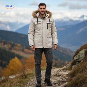 Beige insulated men's winter jacket with fur collar and utility pockets.