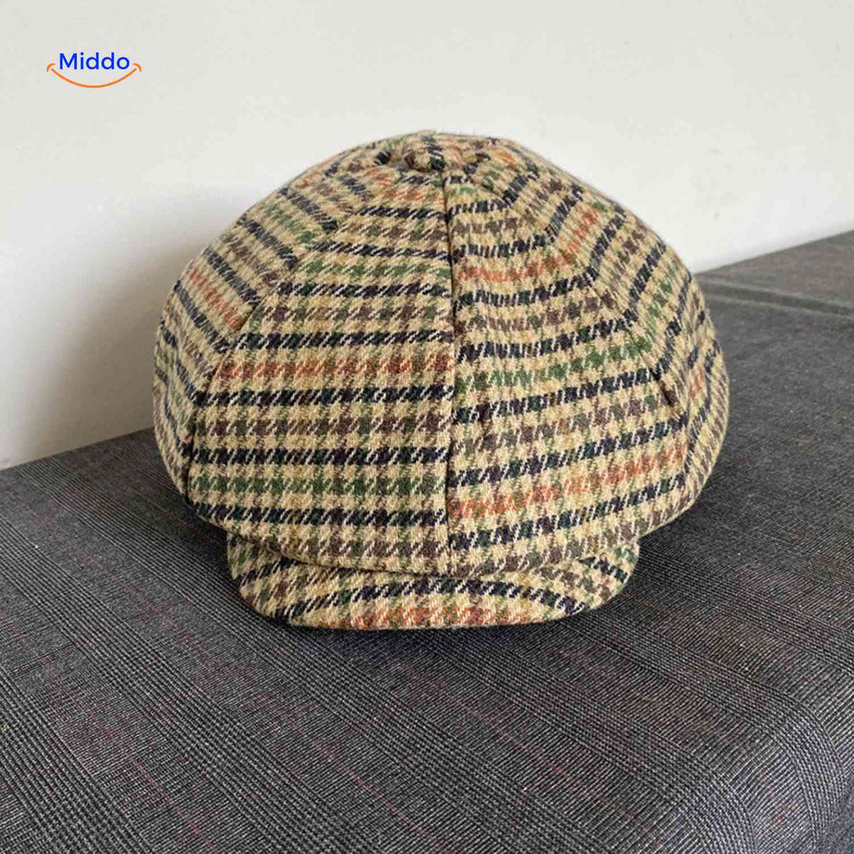 Beige multicolor plaid wool flat cap with vintage newsboy design.
