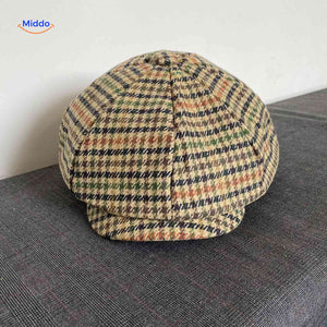 Beige multicolor plaid wool flat cap with vintage newsboy design.