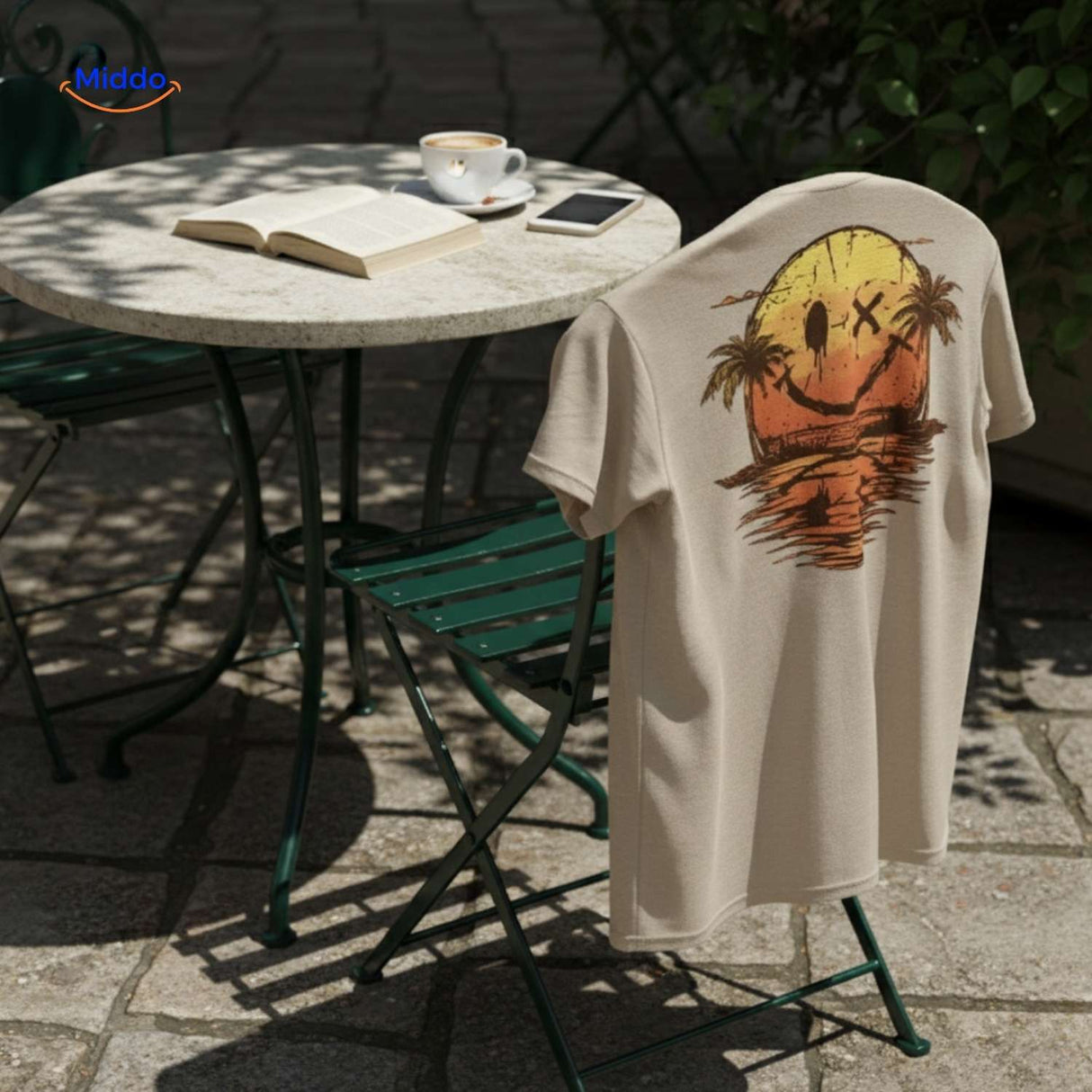Beige cotton t-shirt with smiley print worn outdoors on comfortable chair.