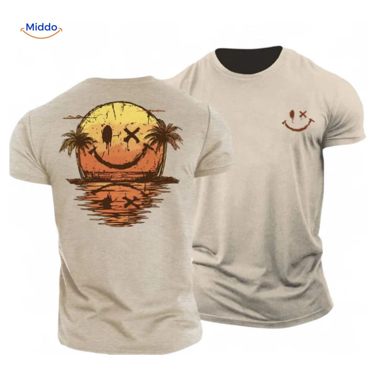Beige cotton t-shirt with sunset smiley print design.