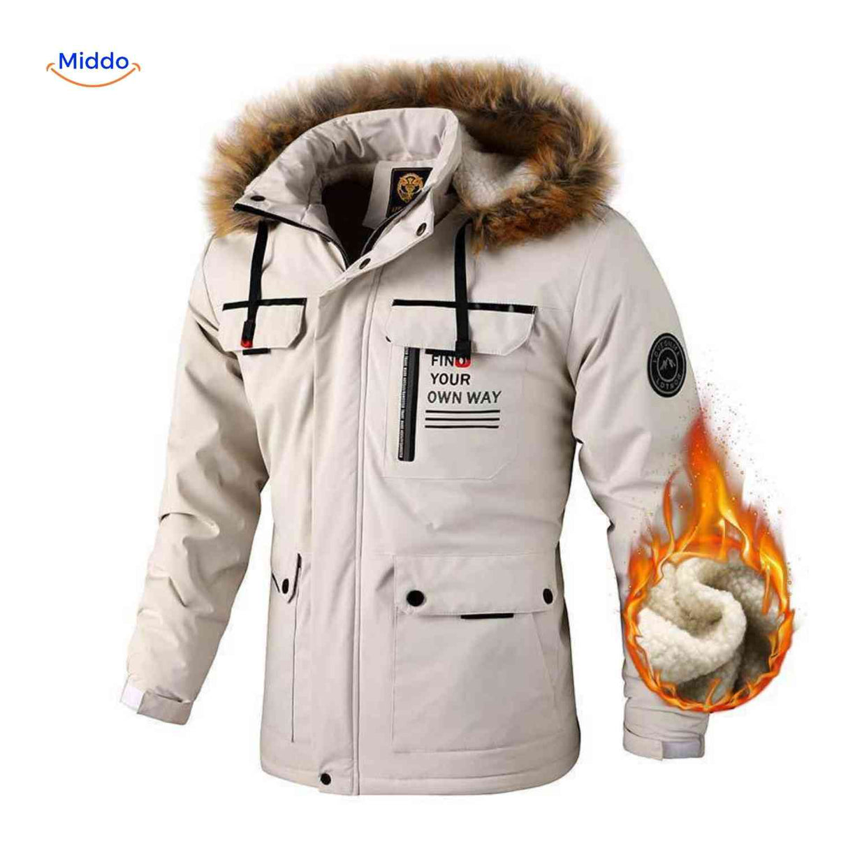 Beige thermal men's parka with fur collar and lining.