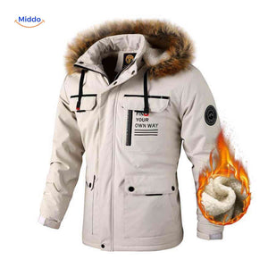Beige thermal men's parka with fur collar and lining.