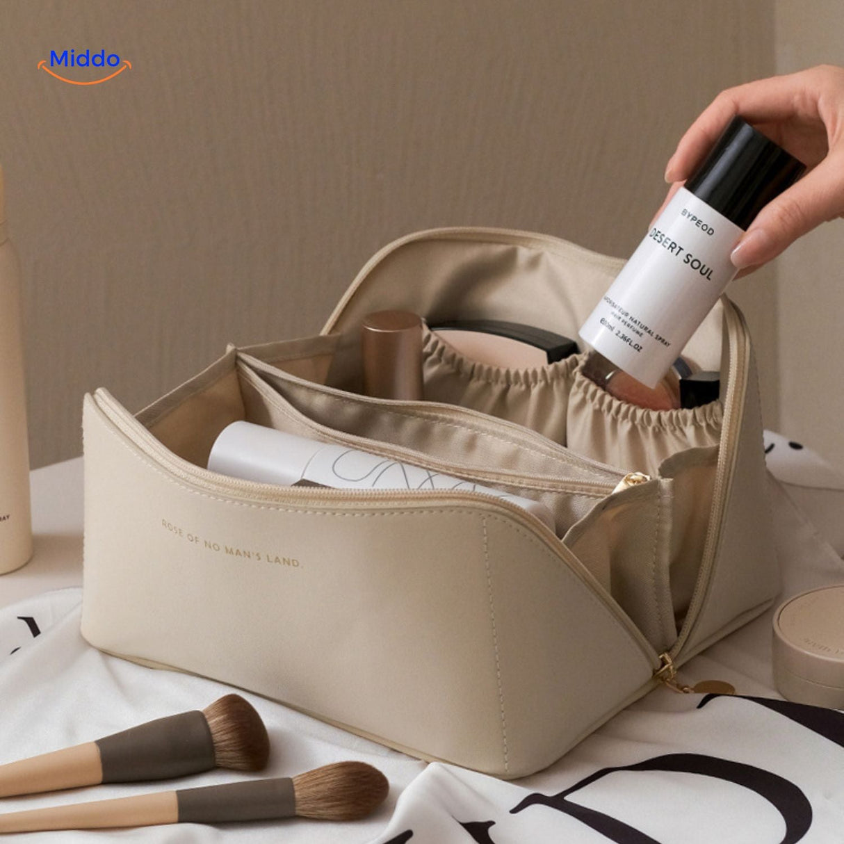 Beige water-resistant pouch displaying interior contents
