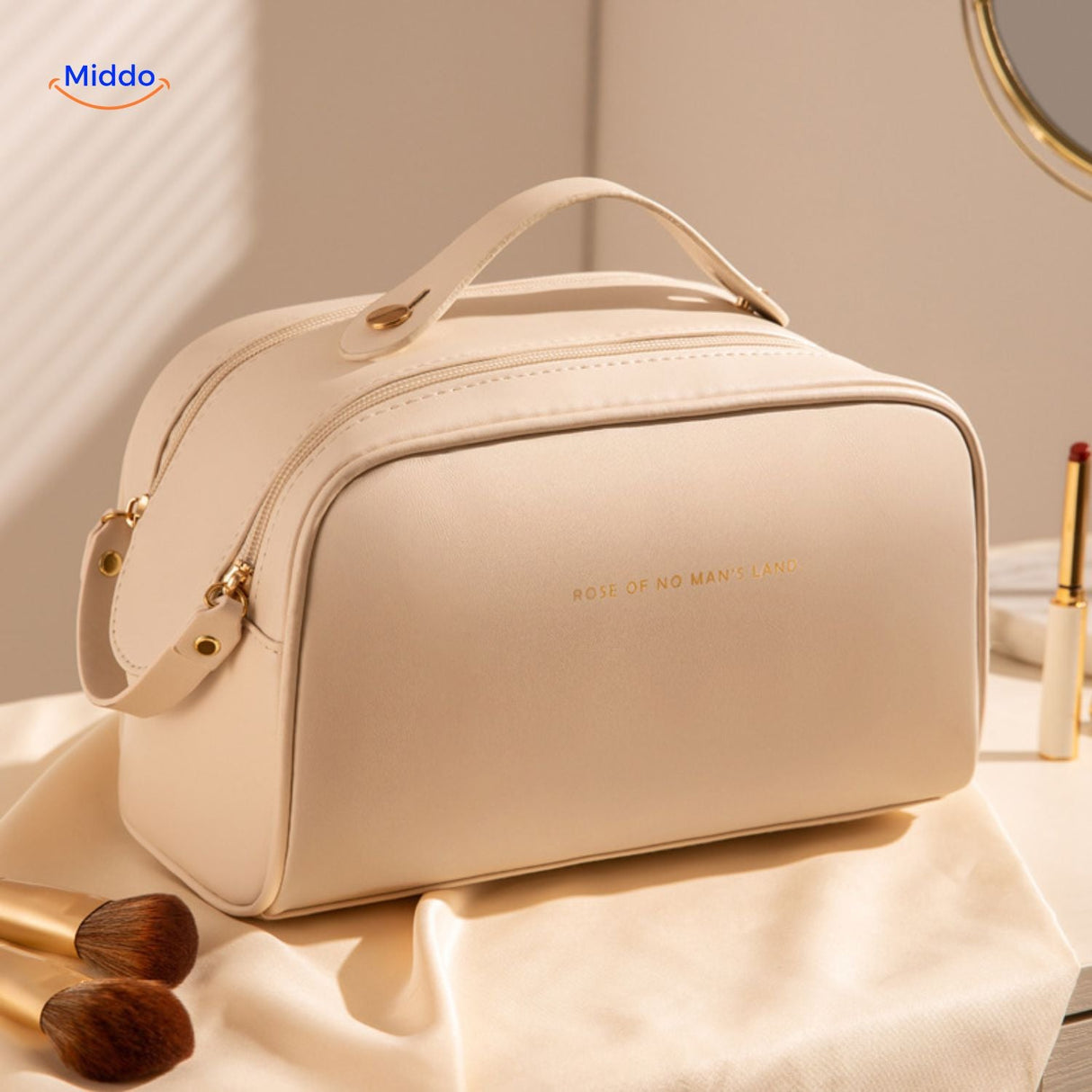 Beige waterproof makeup travel bag with storage